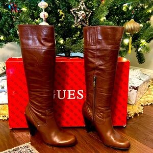 Guess all leather Gandria Knee-high tall brown half zip up heeled boots Size 7